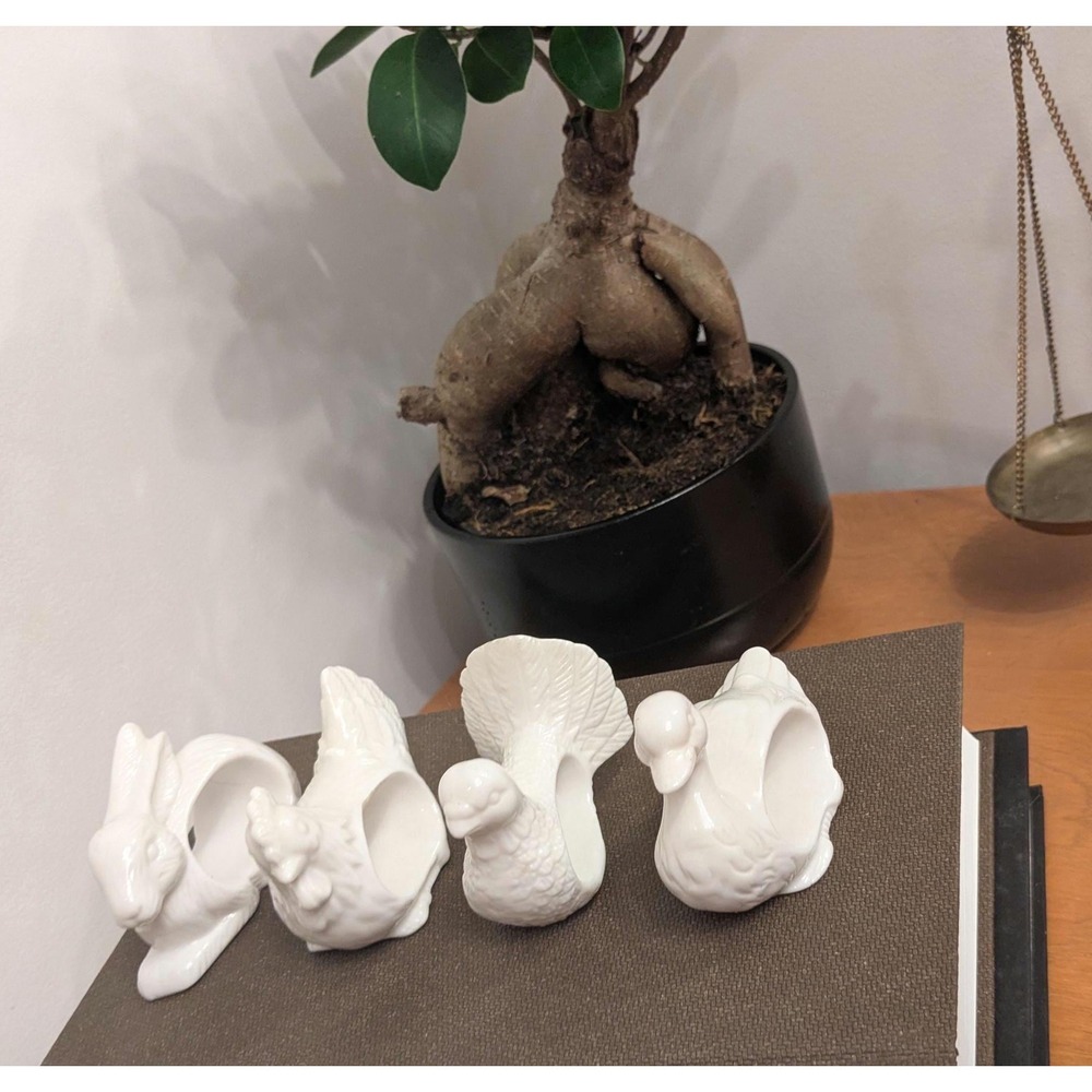 Easter Napkin Rings Set of 4 – Bunny, Chicken, Goose & Bird – White Ceramic